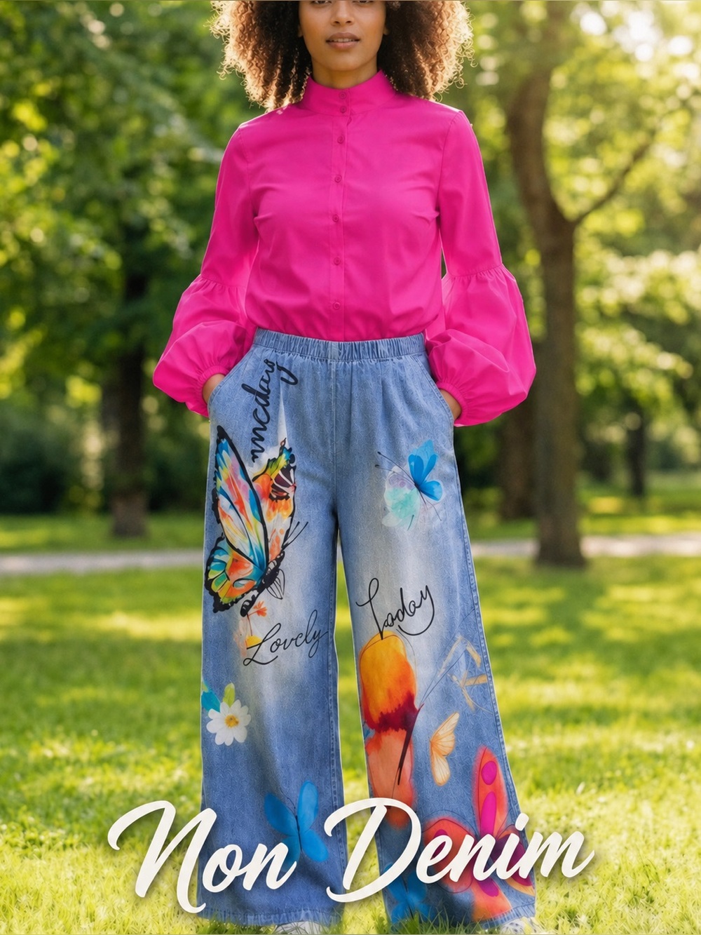 Butterfly Print Knit Denim Wide-Leg Pants | High Waist | Soft Stretch | M